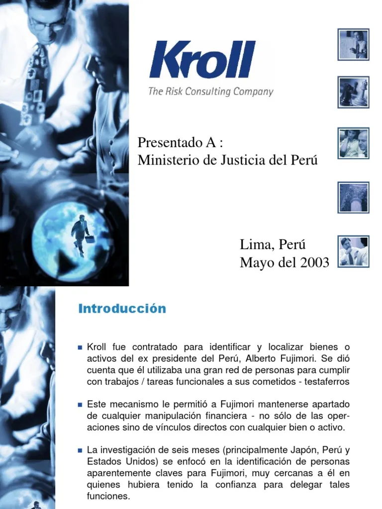 Portada de: El Informe Kroll - Investigación financiera de la red de financiamiento a Alberto Fuimori.